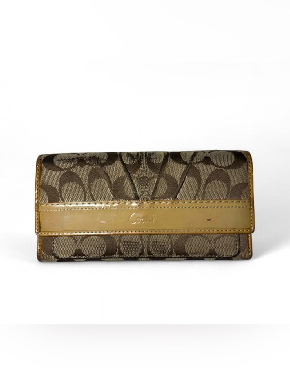 Y2K cursive Coach logo brown wallet with gold accents